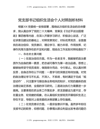 党支部书记组织生活会个人对照剖析材料
