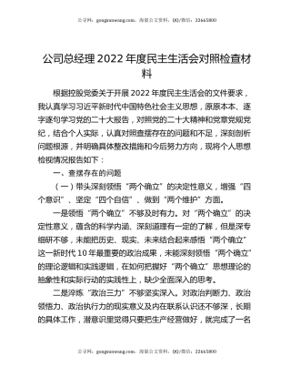 公司总经理2022年度民主生活会对照检查材料