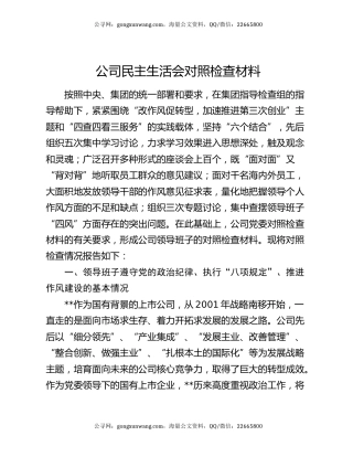 公司民主生活会对照检查材料