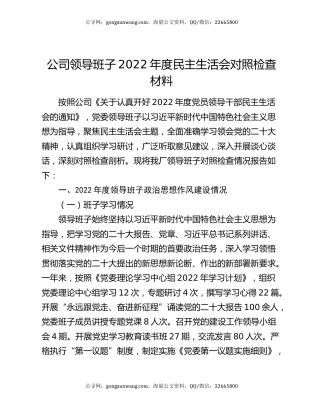 公司领导班子2022年度民主生活会对照检查材料