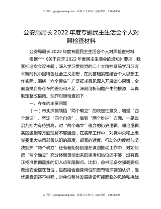 公安局局长2022年度专题民主生活会个人对照检查材料