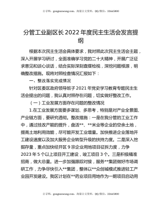 分管工业副区长2022年度民主生活会发言提纲