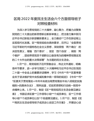 区局2022年度民主生活会六个方面领导班子对照检查材料
