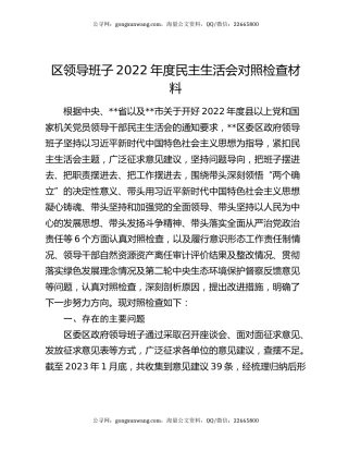 区领导班子2022年度民主生活会对照检查材料