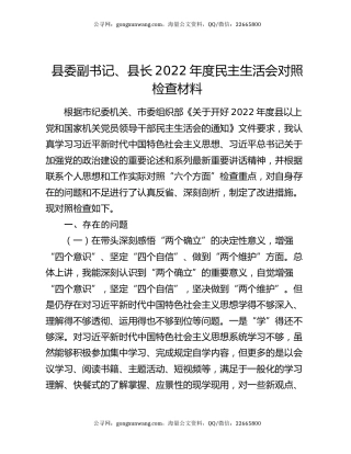 县委副书记、县长2022年度民主生活会对照检查材料