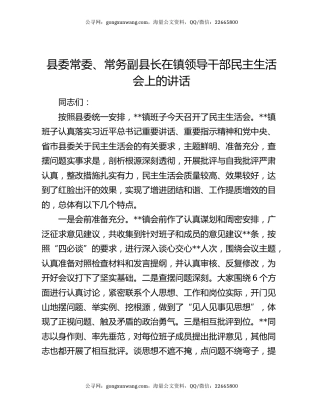 县委常委、常务副县长在镇领导干部民主生活会上的讲话