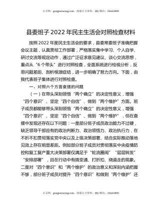 县委班子2022年民主生活会对照检查材料