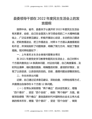 县委领导干部在2022年度民主生活会上的发言提纲