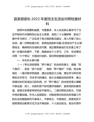 县某部部长2022年度民主生活会对照检查材料