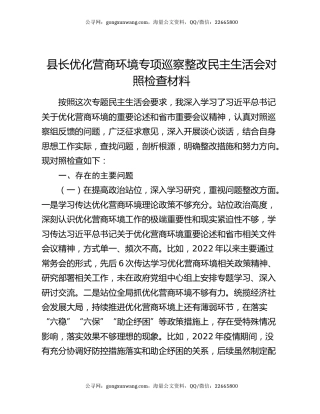 县长优化营商环境专项巡察整改民主生活会对照检查材料