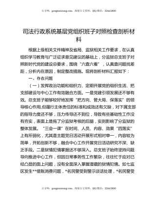 司法行政系统基层党组织班子对照检查剖析材料