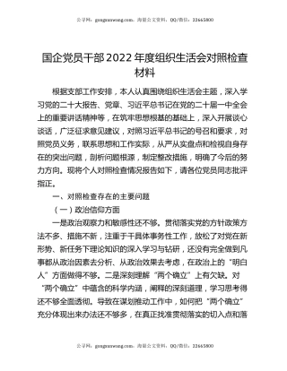 国企党员干部2022年度组织生活会对照检查材料