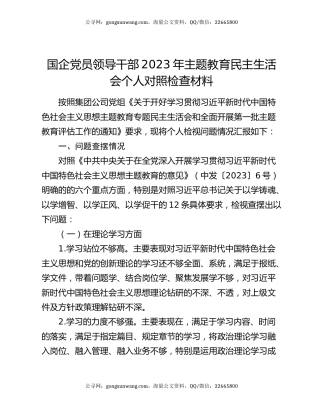 国企党员领导干部2023年主题教育民主生活会个人对照检查材料
