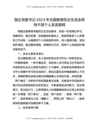 国企党委书记2023年主题教育民主生活会领导干部个人发言提纲