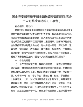 国企党支部党员干部主题教育专题组织生活会个人对照检查材料（＋事例）