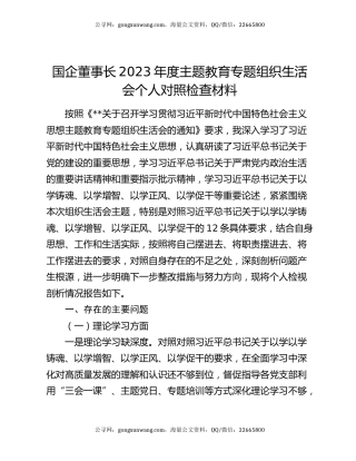 国企董事长2023年度主题教育专题组织生活会个人对照检查材料