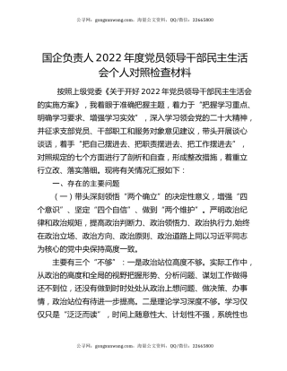 国企负责人2022年度党员领导干部民主生活会个人对照检查材料