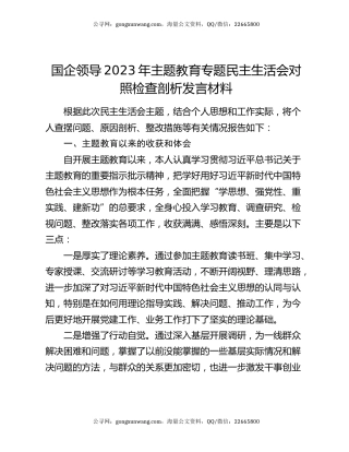 国企领导2023年主题教育专题民主生活会对照检查剖析发言材料
