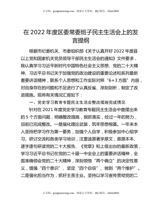 在2022年度区委常委班子民主生活会上的发言提纲