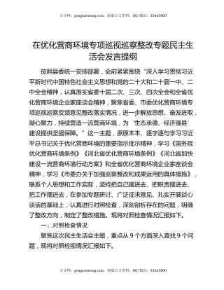 在优化营商环境专项巡视巡察整改专题民主生活会发言提纲