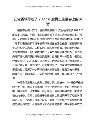 在党委领导班子2022年度民主生活会上的讲话