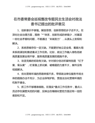 在市委常委会巡视整改专题民主生活会对政法委书记提出的批评意见