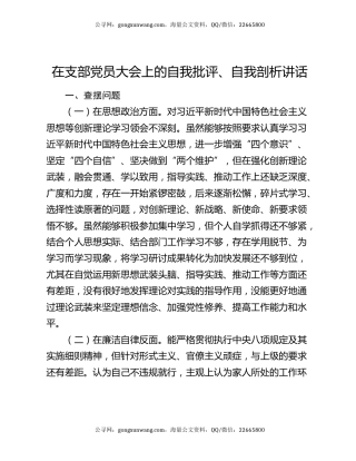 在支部党员大会上的自我批评、自我剖析讲话