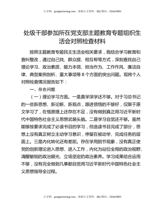 处级干部参加所在党支部主题教育专题组织生活会对照检查材料