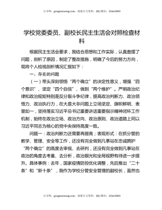 学校党委委员、副校长民主生活会对照检查材料