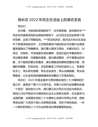 局长在2022年民主生活会上的表态发言