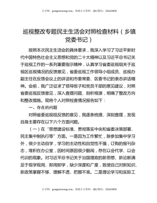 巡视整改专题民主生活会对照检查材料（乡镇党委书记）