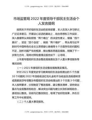 市场监管局2022年度领导干部民主生活会个人发言提纲