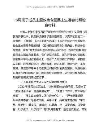 市局班子成员主题教育专题民主生活会对照检查材料