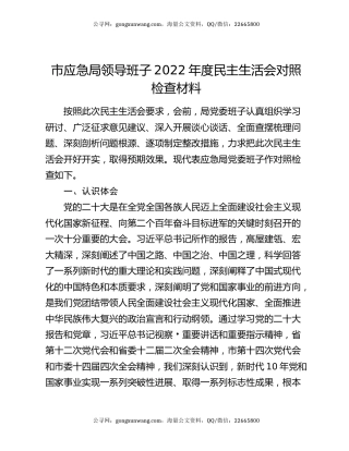 市应急局领导班子2022年度民主生活会对照检查材料