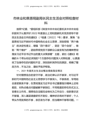 市林业和草原局副局长民主生活会对照检查材料