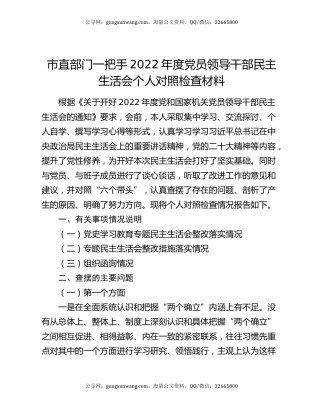 市直部门一把手2022年度党员领导干部民主生活会个人对照检查材料