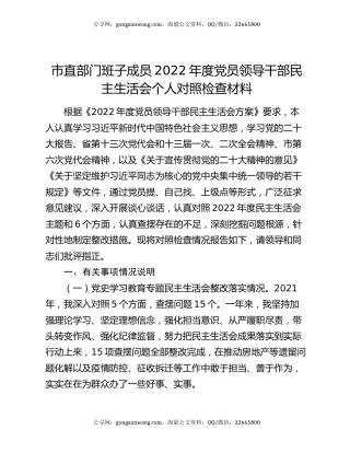 市直部门班子成员2022年度党员领导干部民主生活会个人对照检查材料