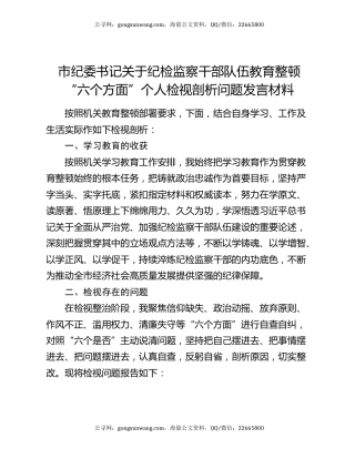 市纪委书记关于纪检监察干部队伍教育整顿“六个方面”个人检视剖析问题发言材料