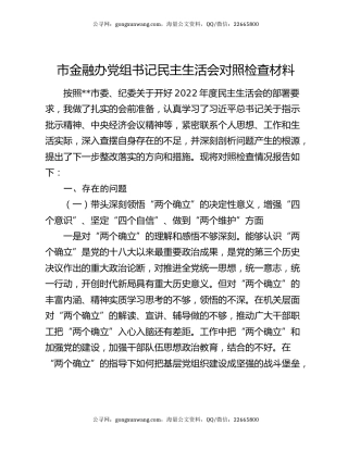 市金融办党组书记民主生活会对照检查材料