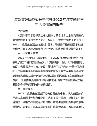 应急管理局党委关于召开2022年度专题民主生活会情况的报告