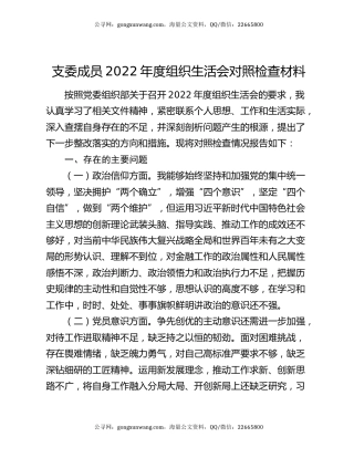 支委成员2022年度组织生活会对照检查材料