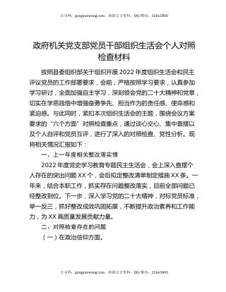 政府机关党支部党员干部组织生活会个人对照检查材料