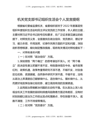 机关党支部书记组织生活会个人发言提纲