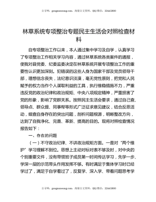 林草系统专项整治专题民主生活会对照检查材料