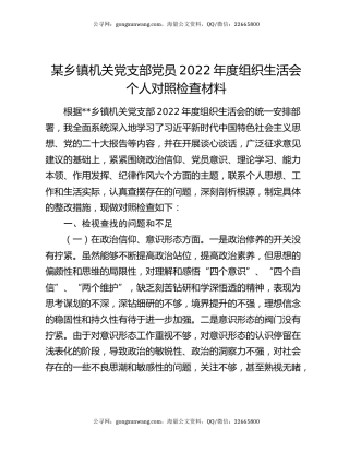 某乡镇机关党支部党员2022年度组织生活会个人对照检查材料