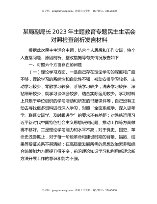某局副局长2023年主题教育专题民主生活会对照检查剖析发言材料