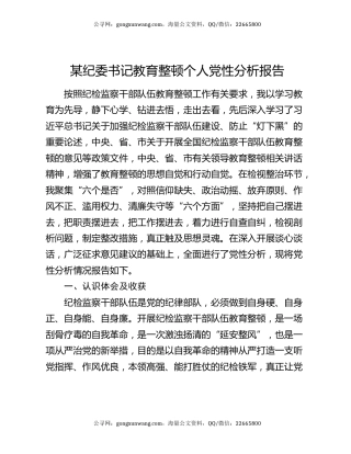 某纪委书记教育整顿个人党性分析报告