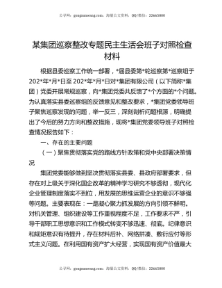 某集团巡察整改专题民主生活会班子对照检查材料
