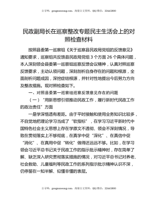 民政副局长在巡察整改专题民主生活会上的对照检查材料