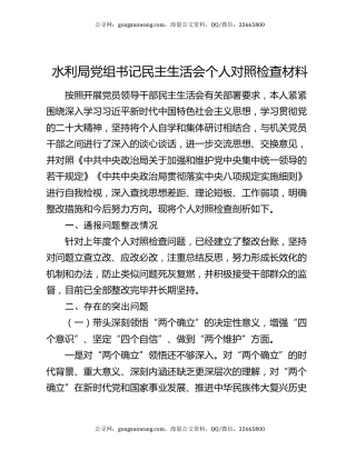 水利局党组书记民主生活会个人对照检查材料